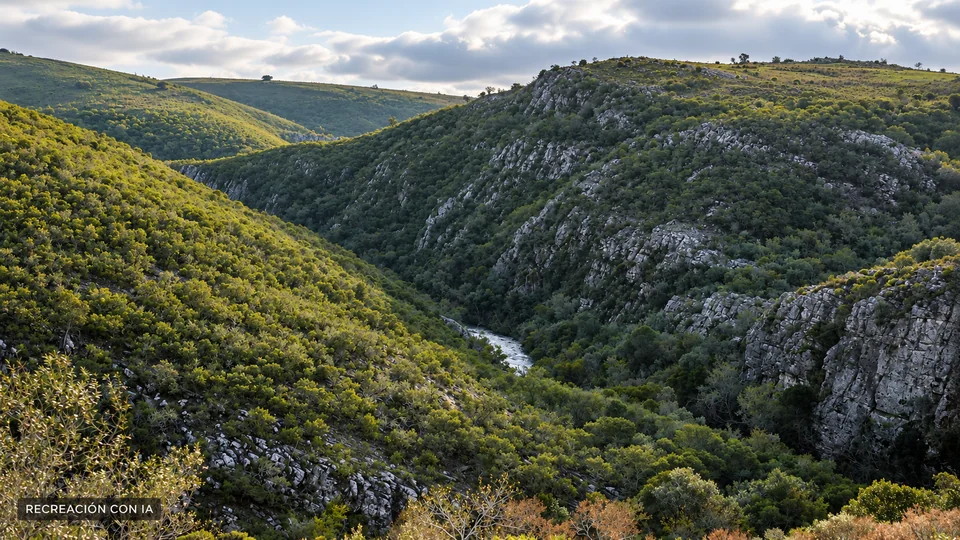 Recreación con IA de la Quebrada de los Cuervos, con laderas de monte nativo, afloramientos rocosos y un arroyo al fondo, basada en una foto de 2013.