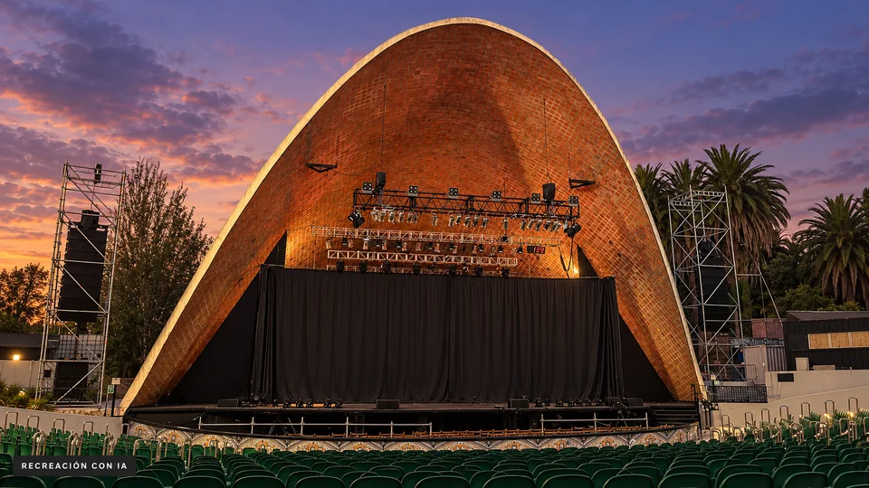 Recreación con IA del Teatro de Verano Ramón Collazo al atardecer, con bóveda de ladrillo, asientos verdes y escenario sin espectáculo.