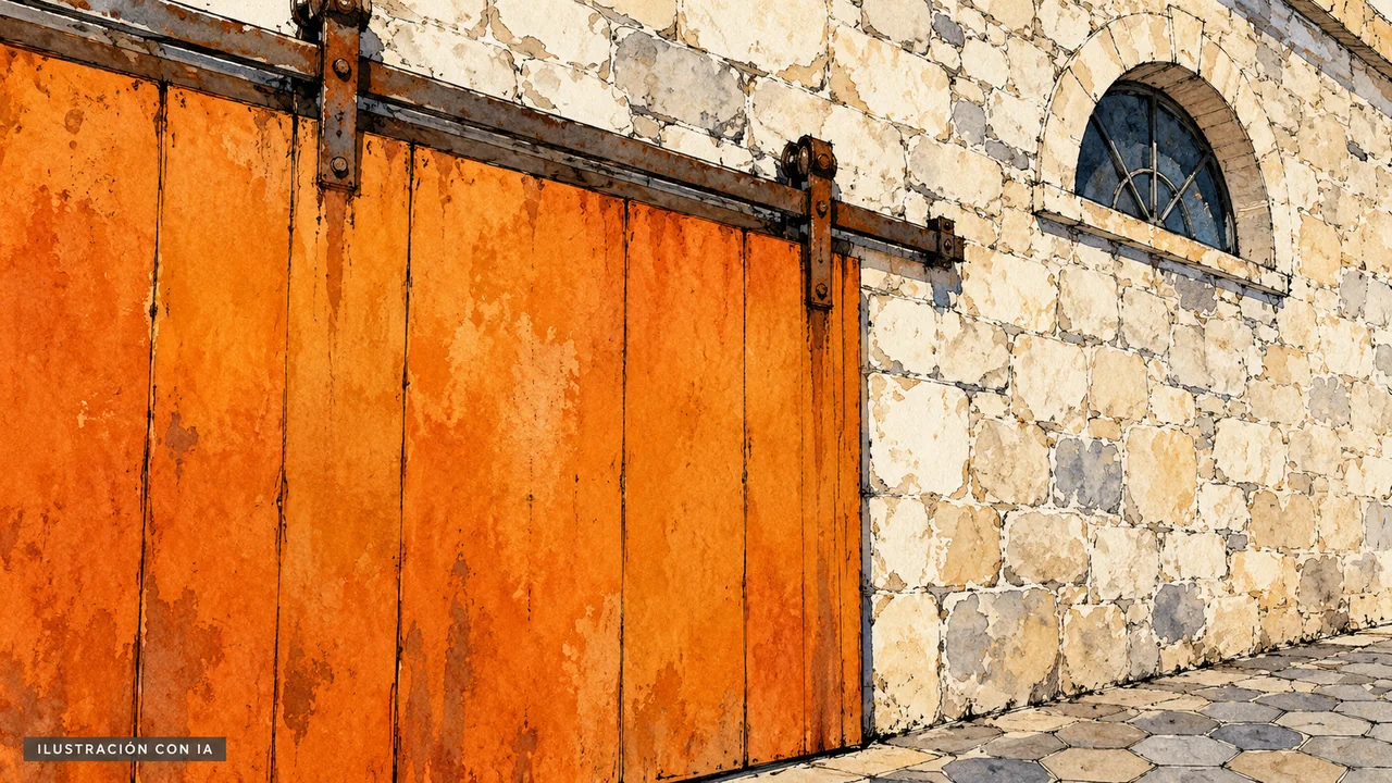 Ilustración editorial con IA de un detalle de la vieja bodega de Narbona Carmelo, con muro de piedra clara, puerta ocre corrediza y pavimento hexagonal; interpretación basada en rasgos documentados, no fotografía del lugar.