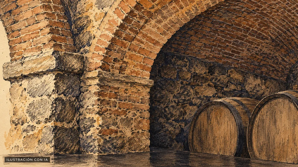 Ilustración editorial con IA de un detalle de la cava de Familia Deicas, con arco de ladrillo y piedra, pilar robusto y barricas bajas de roble; interpretación basada en rasgos documentados, no fotografía del lugar.