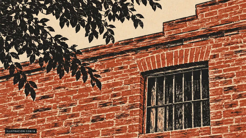 Ilustración editorial con IA de un detalle exterior de Bodega Leonardo Falcone: ladrillo rojo, pretil escalonado, ventana enrejada y ramas de un árbol; interpretación basada en rasgos documentados, no fotografía del lugar.