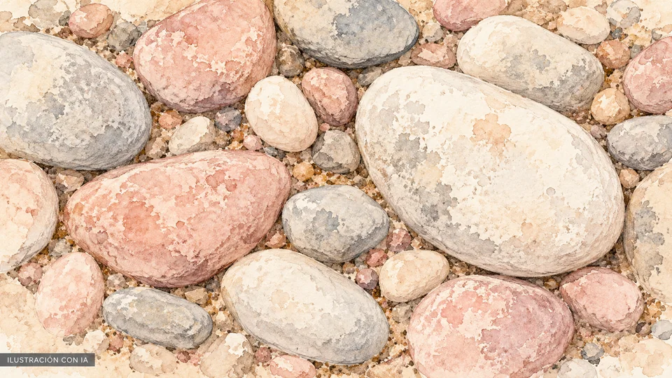 Ilustración editorial con IA de los cantos rodados documentados en el suelo de Salto Chico, con piedras redondeadas claras, rosadas y grises; interpretación basada en rasgos documentados, no fotografía del lugar.