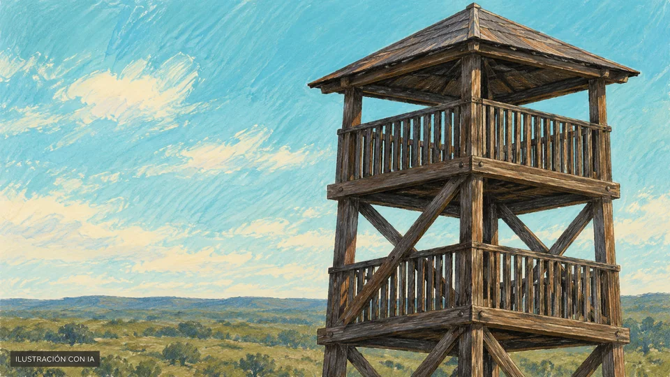 Ilustración editorial con IA del mirador de madera documentado en Casa Tannat, con plataformas, puntales cruzados y pequeño techo de cuatro aguas; interpretación basada en rasgos documentados, no fotografía del lugar.