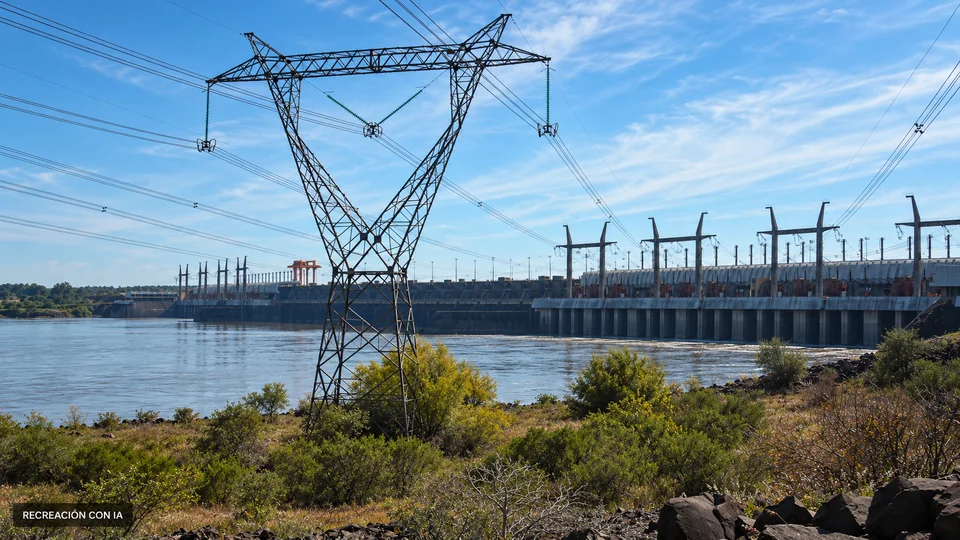 Recreación con IA de la represa de Salto Grande desde la margen uruguaya, con torre eléctrica y río, basada en una fotografía de 2007.