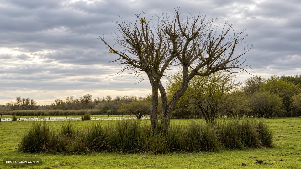 Recreación con IA del monte y humedal del Queguay, con un árbol bifurcado entre juncos bajo cielo nublado, basada en una foto de 2013.