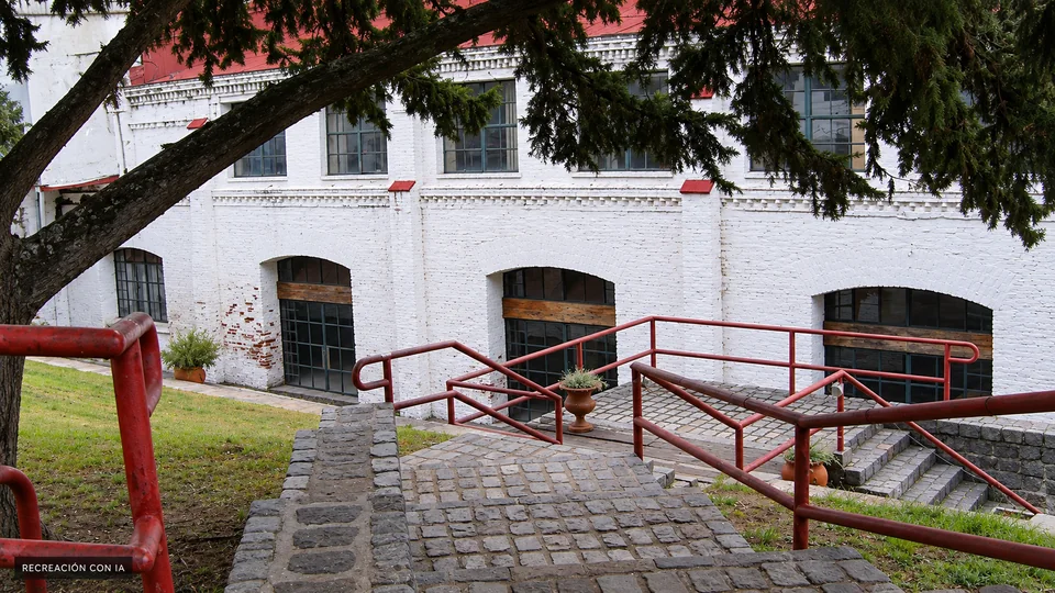Recreación con IA del acceso al Museo de la Revolución Industrial, con fachada de ladrillo blanco, adoquines y barandas rojas.