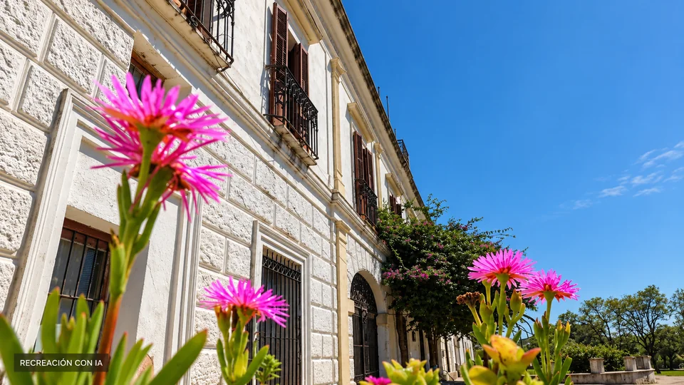 Recreación con IA de la fachada del Castillo Mauá, sede del Museo Alejandro Berro, con balcones de hierro y flores rosadas, basada en una foto de 2013.