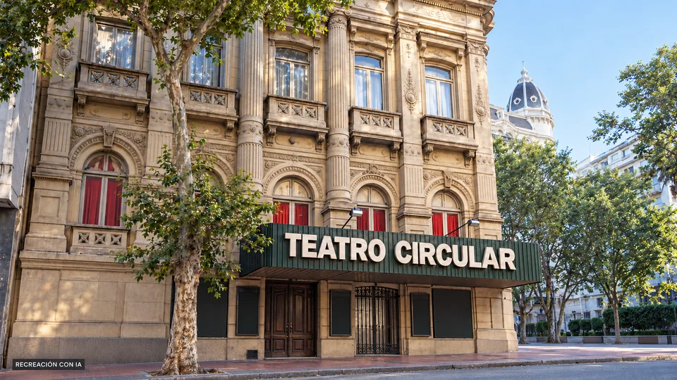 Recreación con IA de la fachada del Teatro Circular de Montevideo, con columnas, balcones y su marquesina verde.