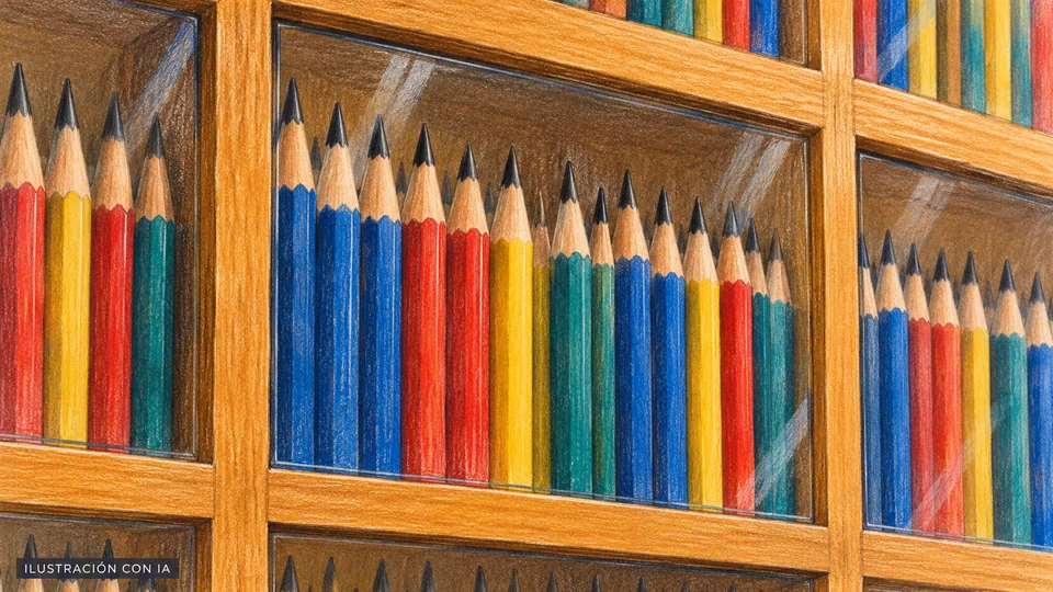 Ilustración editorial con IA de un detalle de los lápices de grafito negro del Museo Arenas, con cuerpos de colores en compartimentos de madera y vidrio; interpretación basada en rasgos documentados, no fotografía del lugar.
