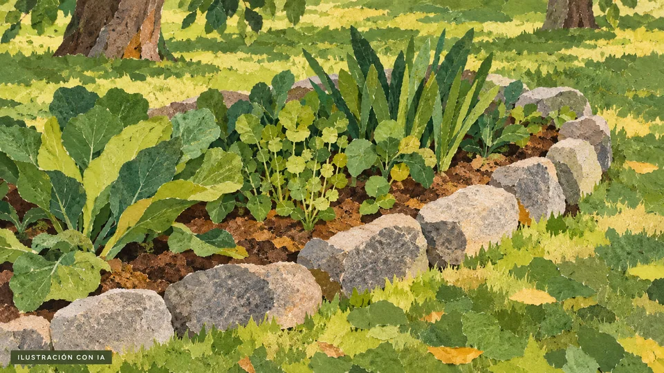 Ilustración editorial con IA de la huerta del Centro de Educación Socioambiental de San José, basada en evidencia histórica de marzo de 2020; interpretación basada en rasgos documentados, no fotografía del lugar.