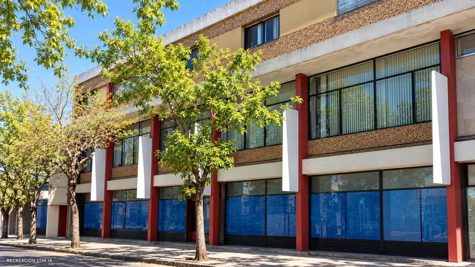 Recreación con IA de la actual sede del Museo Histórico de Florida en Rivera 440, con pilares rojos y paneles azules.
