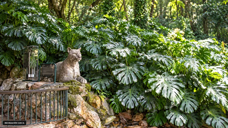 Recreación con IA de la Fuente del Puma de la Reserva Natural Salus, con escultura de piedra entre vegetación.