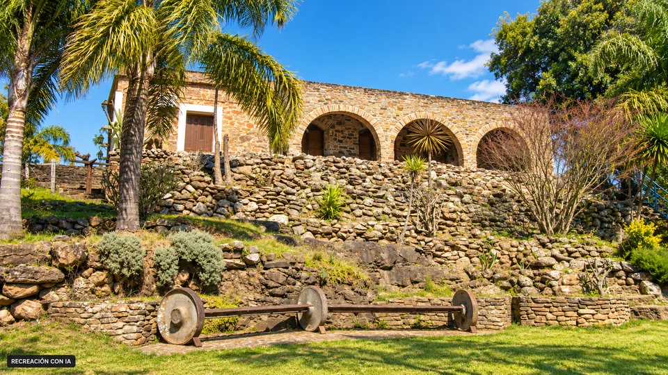 Recreación con IA del Museo Carlos Gardel en Valle Edén, con arcos de piedra y jardín en terrazas.