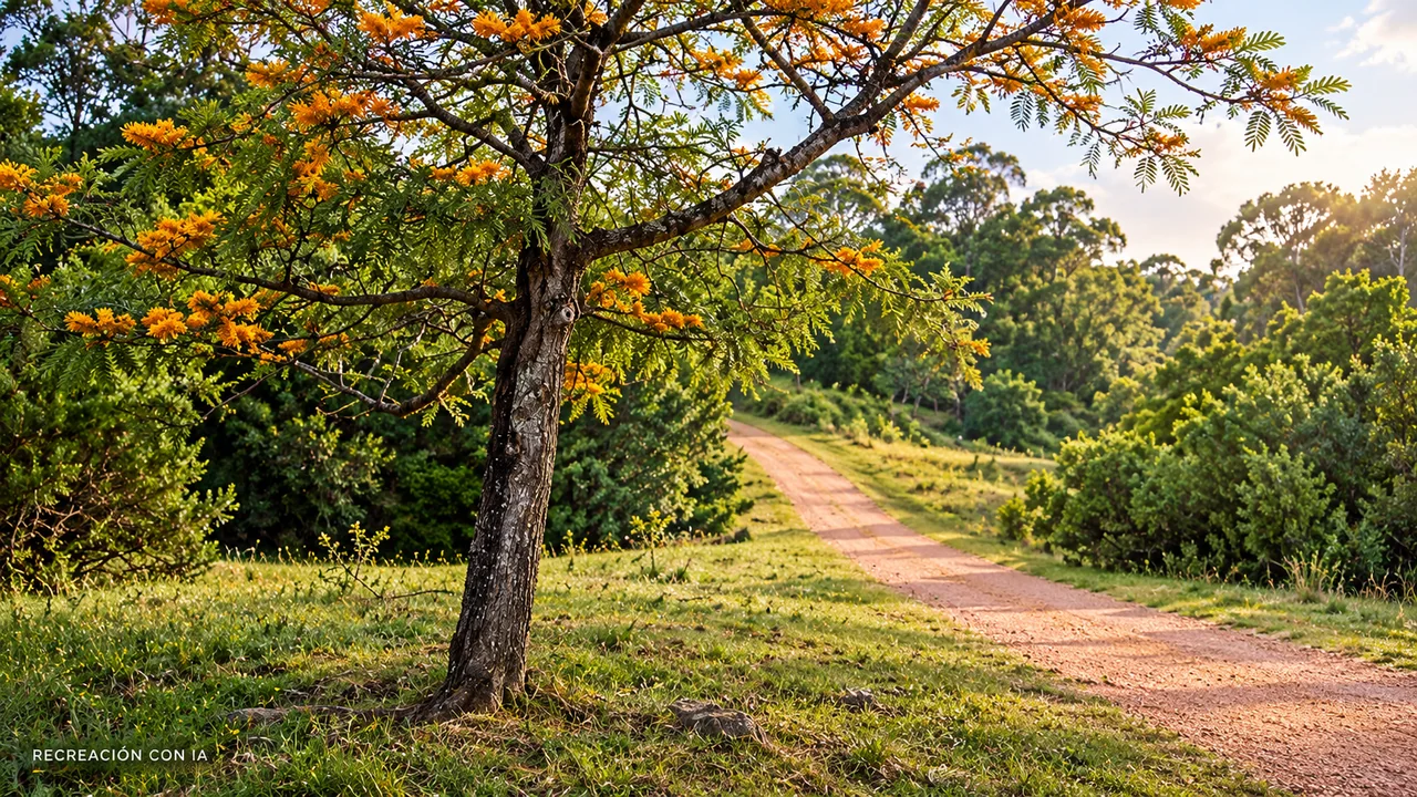 Recreación con IA de un sendero del Arboretum Lussich, con árbol de flores anaranjadas y vegetación.
