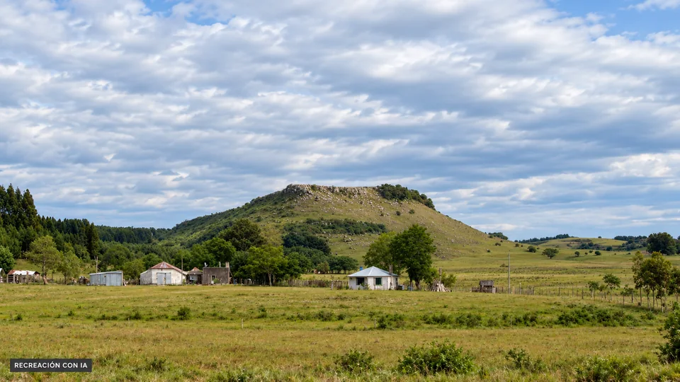 Recreación con IA de un sector rural del Valle del Lunarejo, con cerro bajo de cima plana, pastizales y franjas de árboles.