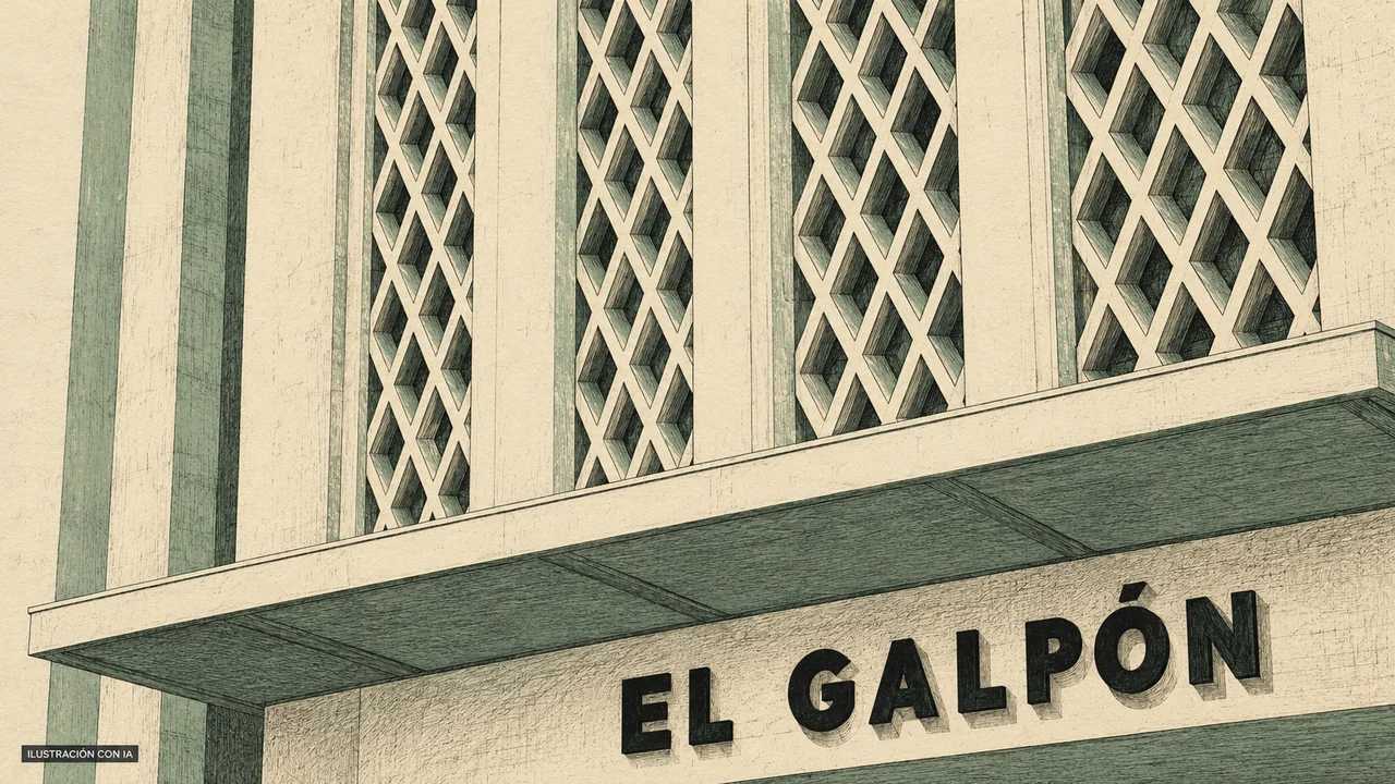Ilustración editorial con IA en trazo de grabado del detalle de la marquesina de Teatro El Galpón, con su nombre y la celosía romboidal de la fachada crema; interpretación basada en rasgos documentados, no fotografía del lugar.