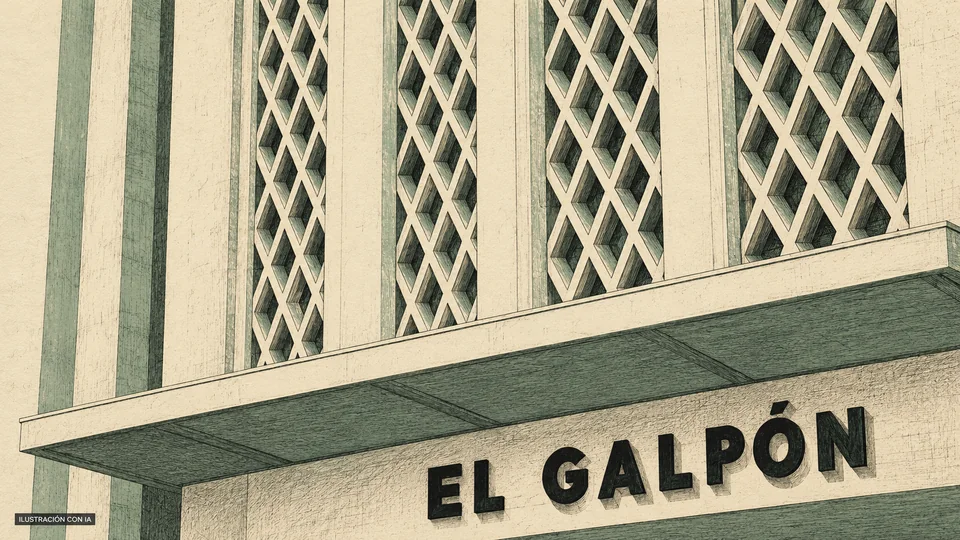 Ilustración editorial con IA en trazo de grabado del detalle de la marquesina de Teatro El Galpón, con su nombre y la celosía romboidal de la fachada crema; interpretación basada en rasgos documentados, no fotografía del lugar.