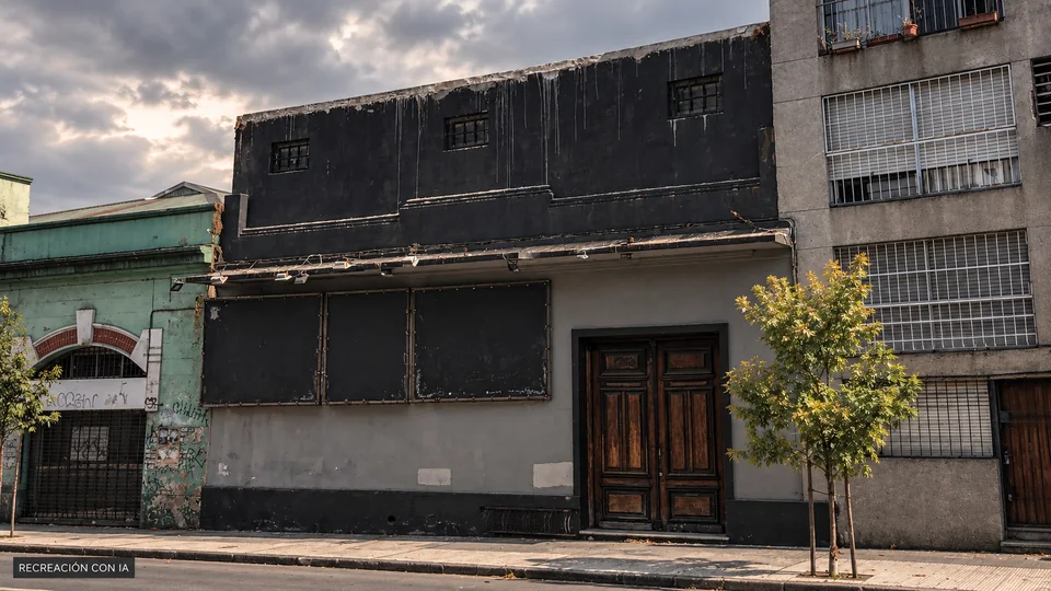 Recreación con IA del Teatro El Tinglado, con fachada gris, tres aberturas superiores pequeñas y puerta doble de madera.