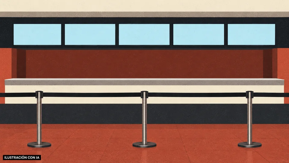 Ilustración editorial con IA del mostrador y los separadores de fila de Movie Portones, con pantallas sin programación y una paleta terracota; interpretación basada en rasgos documentados, no fotografía del lugar.