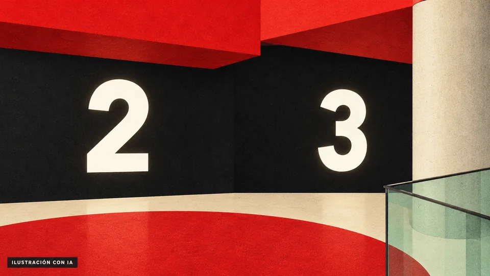 Ilustración editorial con IA de rasgos de Movie Nuevocentro: números luminosos 2 y 3, volumen rojo, columna cilíndrica y baranda de vidrio; interpretación basada en rasgos documentados, no fotografía del lugar.