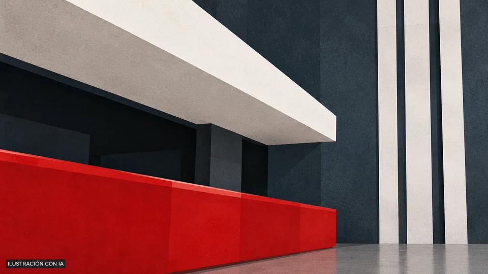 Ilustración editorial con IA de un detalle de LIFE Cinemas Tres Cruces, con mostrador rojo, marquesina blanca y paredes grafito; interpretación basada en rasgos documentados, no fotografía del lugar.