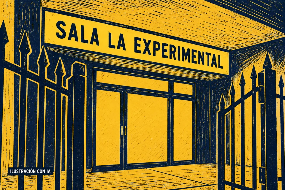 Ilustración editorial con IA en linograbado amarillo y azul de la entrada de La Experimental, con su cartel rectangular, acceso acristalado y reja de puntas; interpretación basada en rasgos documentados, no fotografía del lugar.