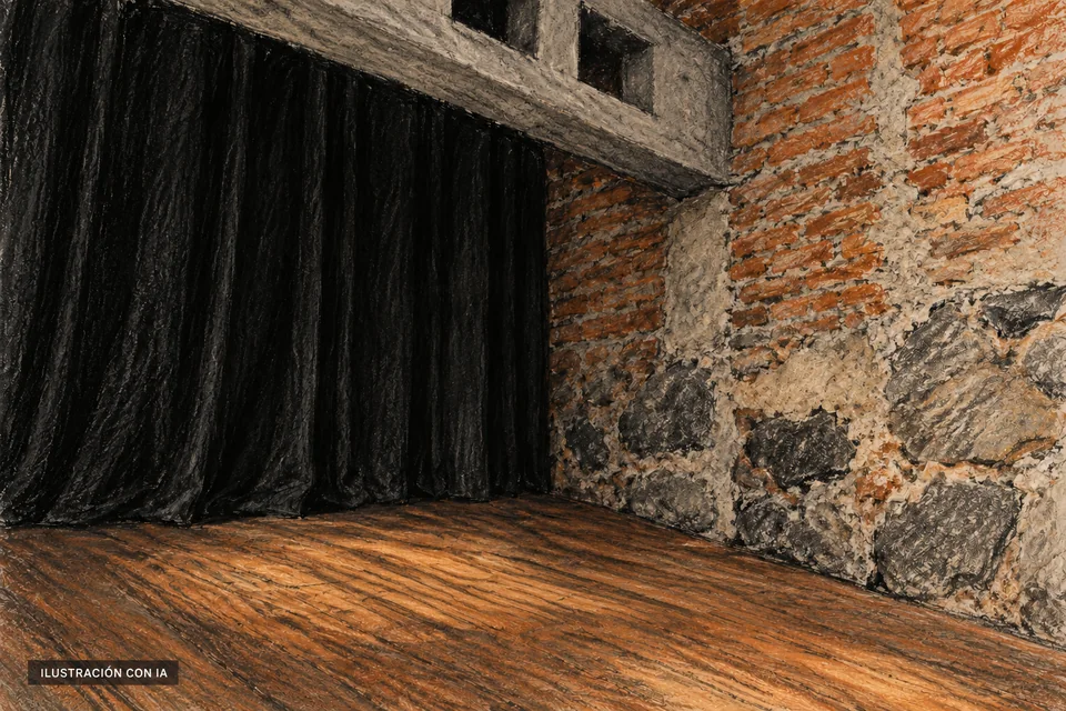 Ilustración editorial con IA en carboncillo y pastel de un rincón escénico del Teatro H. Bosch, con cortina negra, suelo de madera, pared de ladrillo y piedra, y viga de hormigón; interpretación basada en rasgos documentados, no fotografía del lugar.