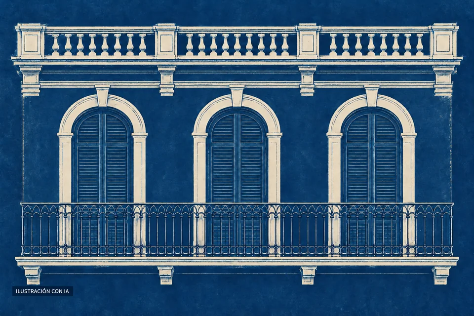 Ilustración editorial con IA en azul y marfil del detalle superior de Espacio Teatro, con tres ventanas arqueadas con persianas, balcón de hierro y parapeto abalaustrado; interpretación basada en rasgos documentados, no fotografía del lugar.