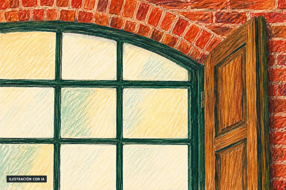 Ilustración editorial con IA a lápiz de color del detalle de una ventana industrial de arco rebajado de El Picadero, con pequeños paños de vidrio, postigo de madera y pared de ladrillo visto; interpretación basada en rasgos documentados, no fotografía del lugar.