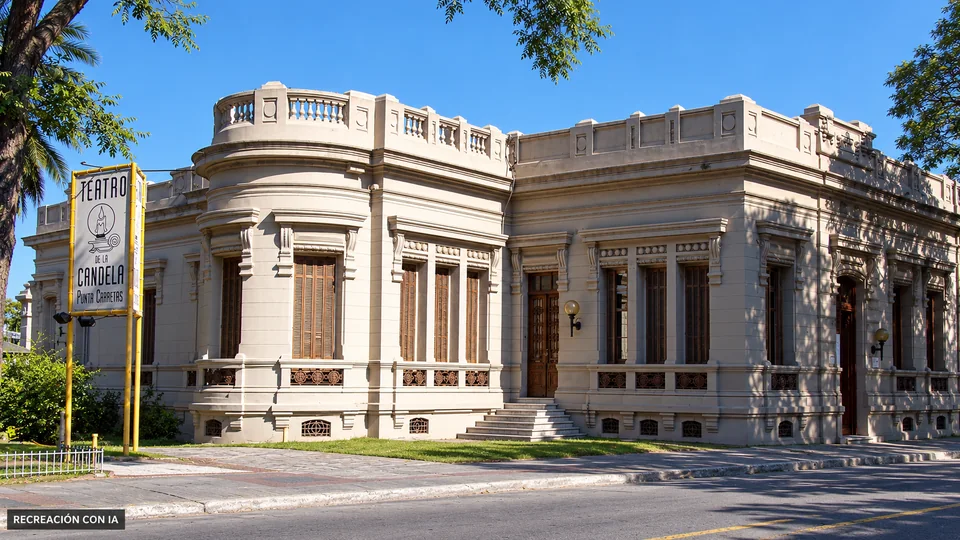 Recreación con IA del Teatro de la Candela, con fachada ornamentada, esquina curva, persianas de madera y pretil con balaustrada.