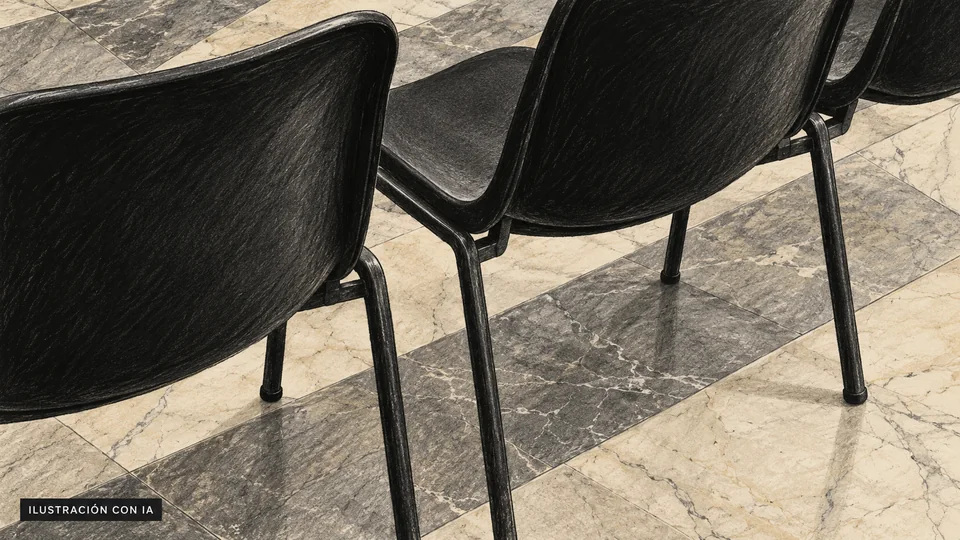 Ilustración editorial con IA de sillas negras moldeadas sobre un piso de piedra veteada de La Gringa Teatro; interpretación basada en rasgos documentados, no fotografía del lugar.