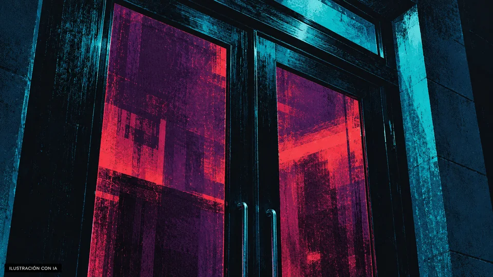 Ilustración editorial con IA de un detalle de la entrada documentada de Alejandría Café de las Artes, con marcos negros y luces cian y púrpura; interpretación basada en rasgos documentados, no fotografía del lugar.