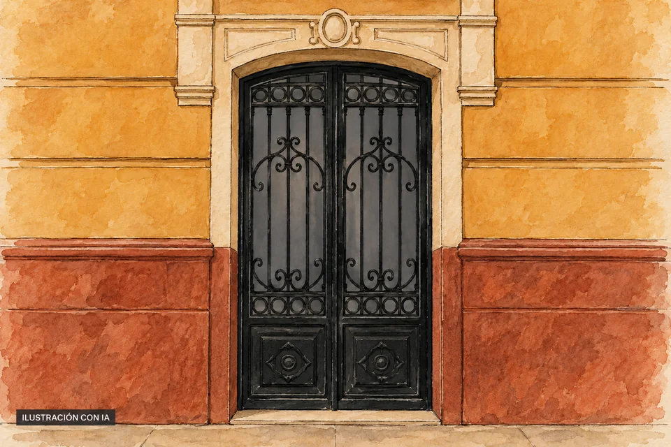 Ilustración editorial con IA en tinta y acuarela del acceso de Nuevo Arteatro: arco rebajado, reja ornamental negra, medallón oval de estuco, muro ocre y zócalo rojizo; interpretación basada en rasgos documentados, no fotografía del lugar.
