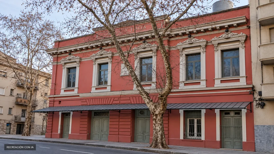 Recreación con IA del Teatro Stella d’Italia, con fachada salmón, cinco ventanas ornamentadas, marquesina metálica y plátanos.