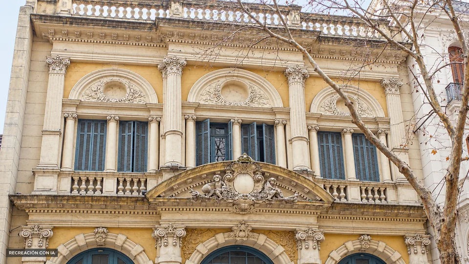 Recreación con IA de detalles del Teatro Victoria, con relieve ovalado, pilastras clásicas, balaustradas y ventanas azul grisáceo.