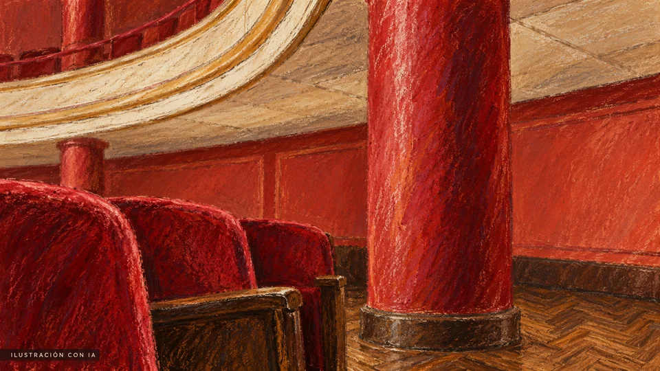 Ilustración editorial con IA inspirada en un detalle de la Sala Millington-Drake del Teatro del Anglo, con columna y butacas rojas, balcón curvo y parquet; interpretación basada en rasgos documentados, no fotografía del lugar.