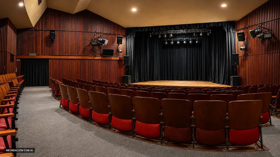 Recreación con IA de la Sala Camacuá vacía, con butacas rojas y de madera, paredes acústicas y escenario de telón negro.