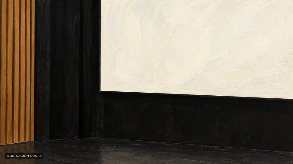 Ilustración editorial con IA de un detalle del escenario de la Sala Blanca Podestá de AGADU, con pantalla vacía, fondo negro y paneles de madera; interpretación basada en rasgos documentados, no fotografía del lugar.