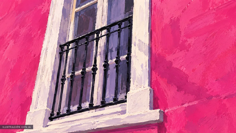Ilustración editorial con IA de un detalle de la fachada documentada de Casa de los Siete Vientos, con ventana alta blanca y reja negra sobre muro rosado; interpretación basada en rasgos documentados, no fotografía del lugar.