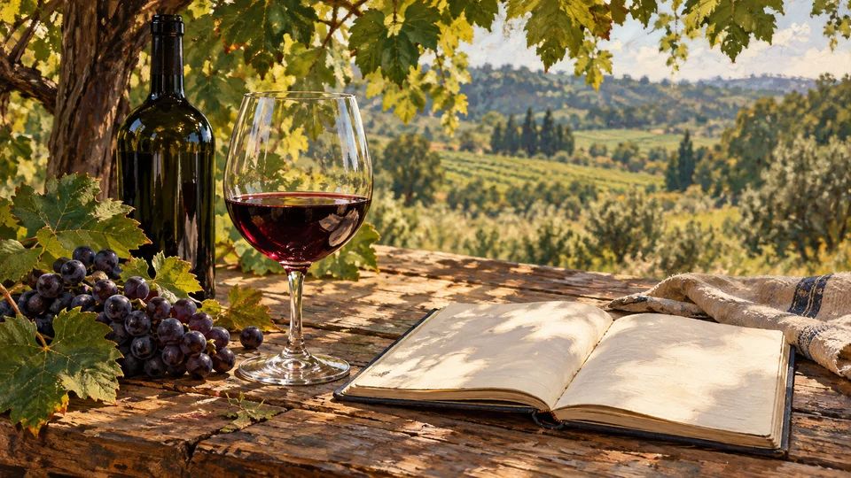 Ilustración editorial con IA de cuaderno de cata en blanco y copa de vino, para Bodega Familia Moizo; interpretación conceptual basada en rasgos documentados, no fotografía del lugar.
