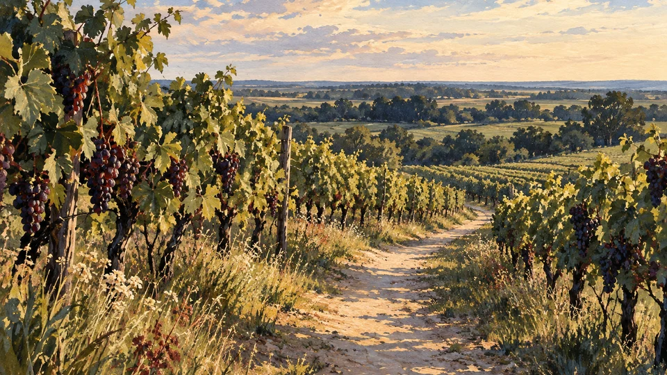 Ilustración editorial con IA de sendero de viñedo en un paisaje rural, para Bodega Fripp; interpretación conceptual basada en rasgos documentados, no fotografía del lugar.
