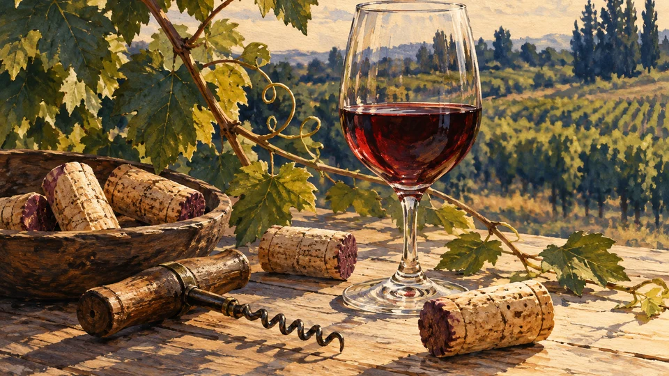 Ilustración editorial con IA de corchos y copa de vino, para Bodega Turística Los Pinos; interpretación conceptual basada en rasgos documentados, no fotografía del lugar.