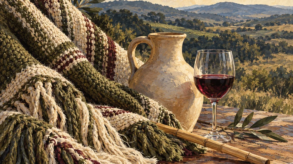 Ilustración editorial con IA de textil artesanal y vino en una composición serrana, para Cofradía De La Sierra; interpretación conceptual basada en rasgos documentados, no fotografía del lugar.