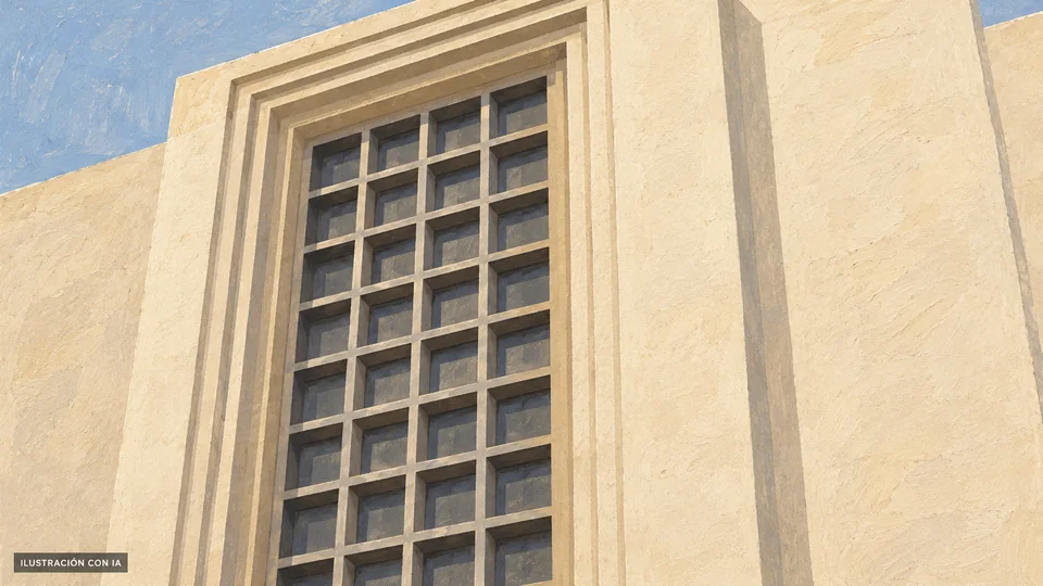 Ilustración editorial con IA de la retícula vertical y el marco escalonado de la fachada de Grupocine Ejido, en tonos crema; interpretación basada en rasgos documentados, no fotografía del lugar.