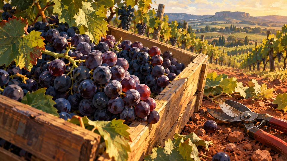 Ilustración editorial con IA de cajón de uvas y herramientas de vendimia, para Viñas del 636; interpretación conceptual basada en rasgos documentados, no fotografía del lugar.