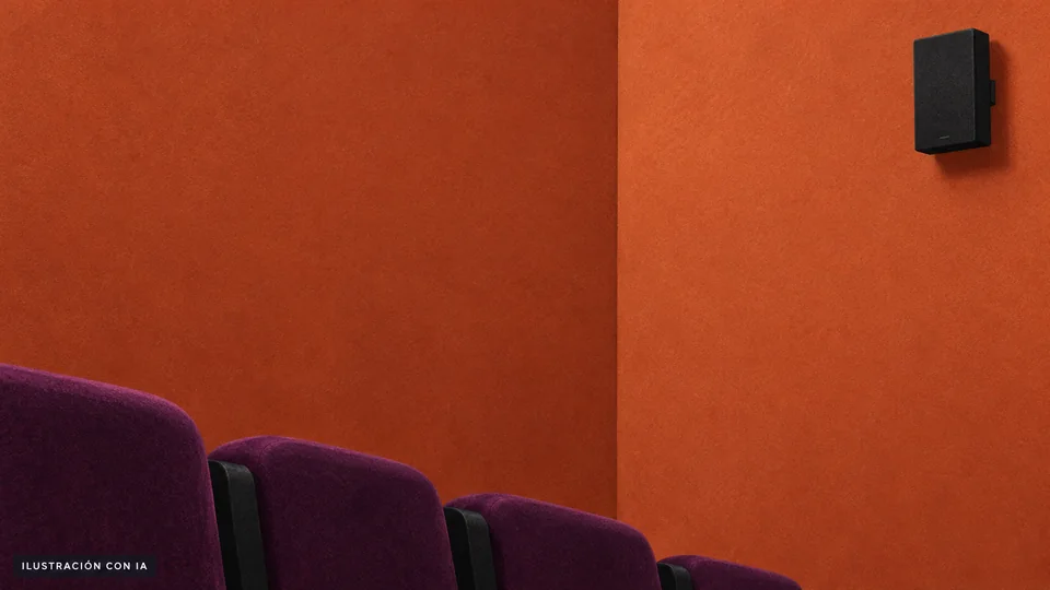 Ilustración editorial con IA de pared terracota, altavoz y butacas violeta de una sala de Grupocine Torre de los Profesionales documentada en diciembre de 2025, no de todo el complejo; interpretación basada en rasgos documentados, no fotografía del lugar.