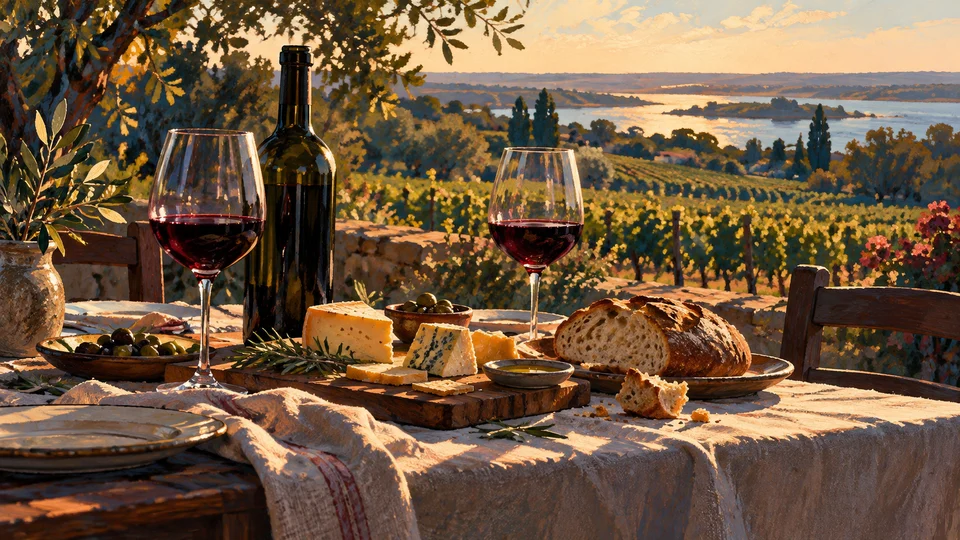Ilustración editorial con IA de mesa de cata y gastronomía rural, para Bodega El Legado; interpretación conceptual basada en rasgos documentados, no fotografía del lugar.