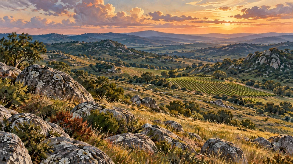 Ilustración editorial con IA de sierras graníticas y viñedos en un paisaje conceptual, para Sacromonte – Sierra de Carapé; interpretación conceptual basada en rasgos documentados, no fotografía del lugar.