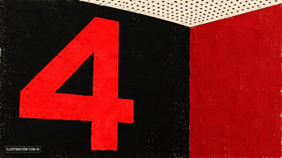 Ilustración editorial con IA del número rojo 4 y los planos oscuros del acceso a salas de Grupocine Punta Carretas; interpretación basada en rasgos documentados, no fotografía del lugar.