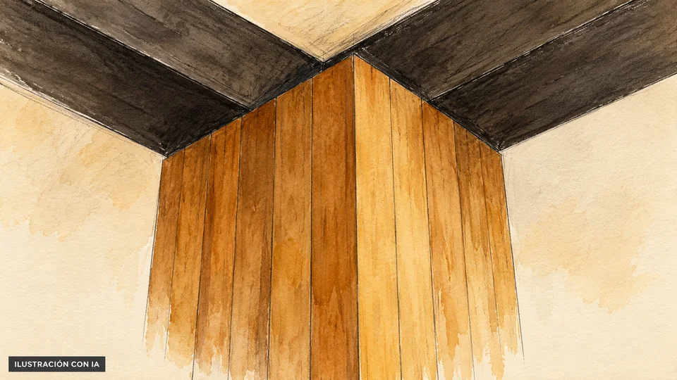 Ilustración editorial con IA de una columna revestida en madera y vigas negras del hall de Cine Universitario; sin representar lámparas ni salas de proyección; interpretación basada en rasgos documentados, no fotografía del lugar.